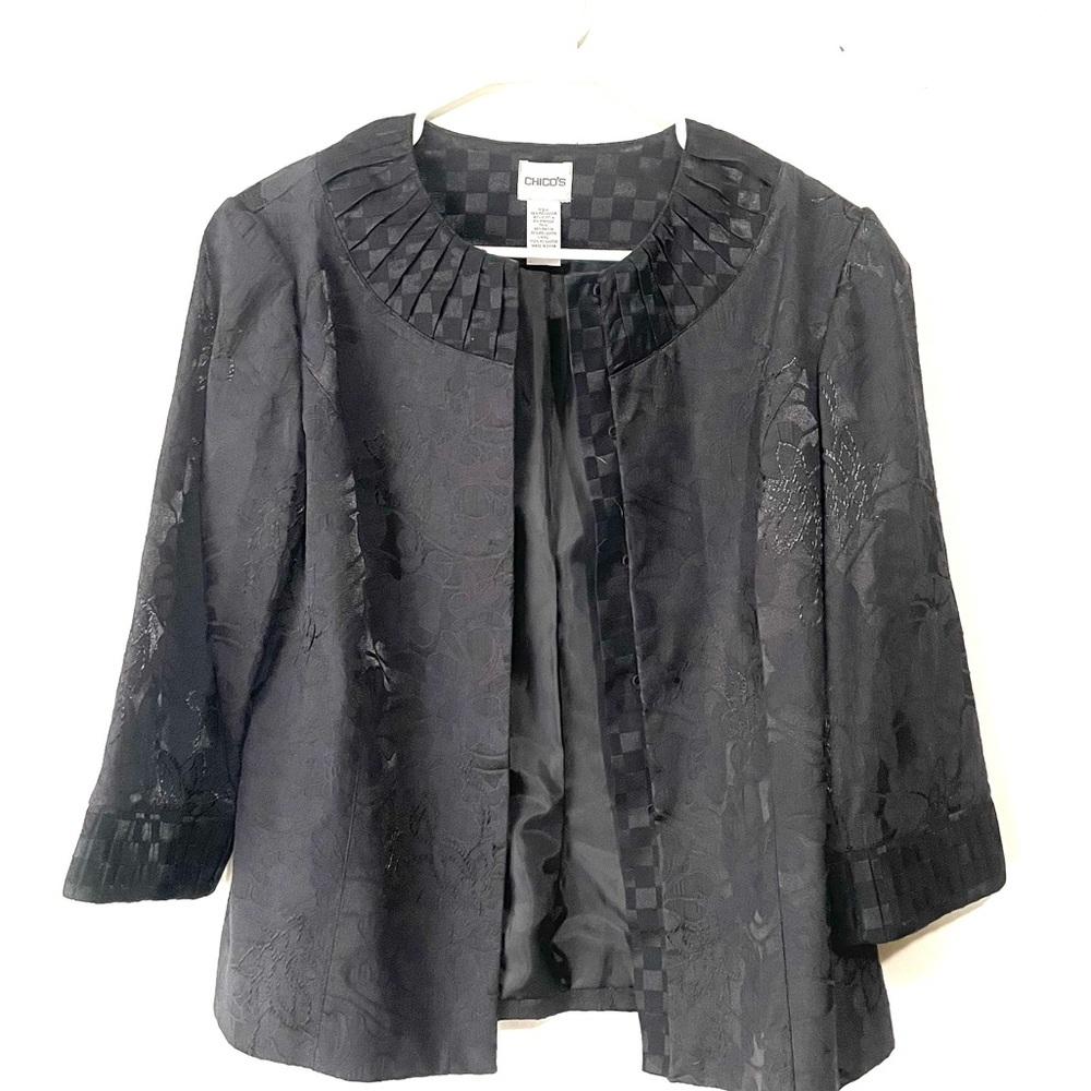 Chico's Jacket Women's 1 Blazer Black Floral Polyester Blend Open Front EUC